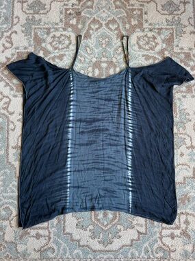 Indah Tie Dye Black Gray  Cold Shoulder Caftan Kaftan Mini Summer Dress Size L